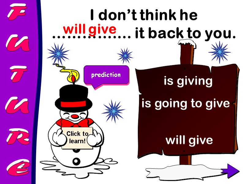 FUTURE I don’t think he ………….… it back to you.  will give is